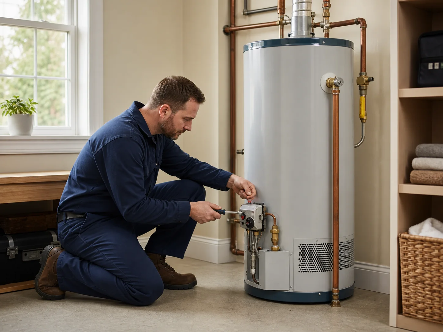 oregon-city-water-heater-services Plumber servicing a gas water heater in Oregon City